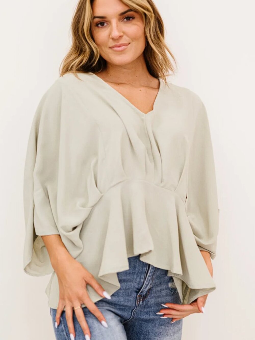 ANDREE BY UNIT Sage Green Ruffle She's the One Peplum Tunic NWT